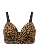 Studio flat lay of the leopard print Delia longline T-shirt bra, featuring wide comfort straps engineered for the fuller bust.