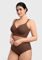 Side angle of the coffee brown longline seamless bra, featuring mesh side-slings to prevent side-spreading.