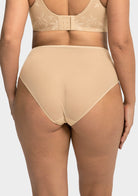 Rear view of the light beige full coverage panty, detailing the smooth back design and thoughtsfully extended 100% cotton gusset.