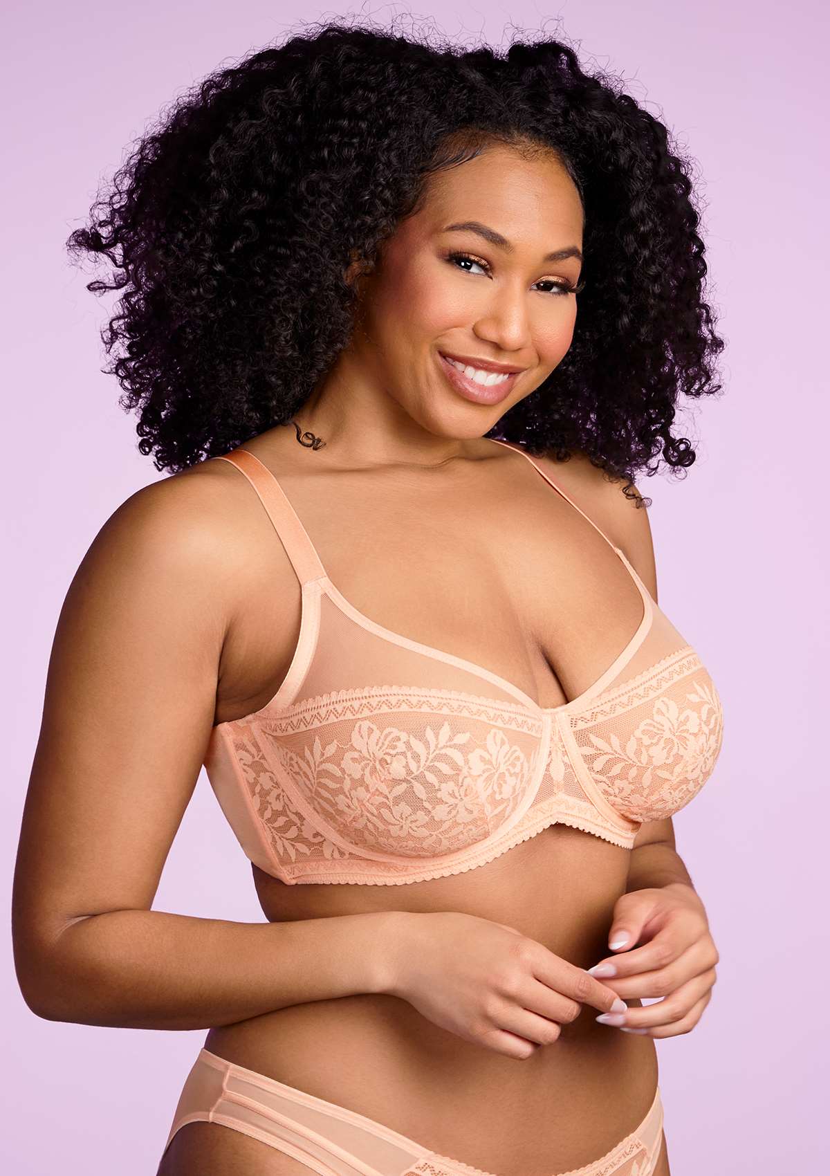 Gladioli Peach Lace Unlined Underwire Bra Set - HSIA