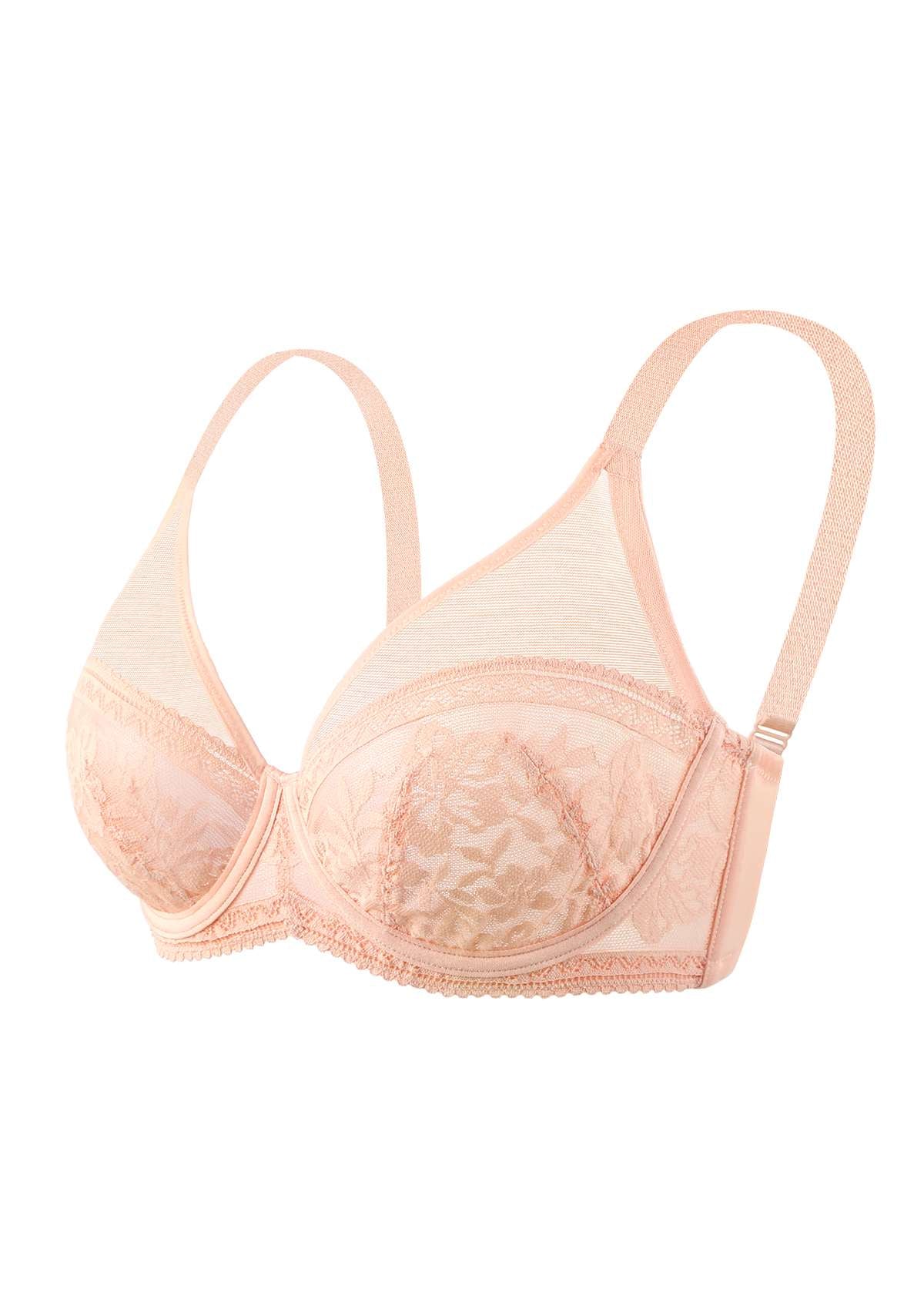 Gladioli Peach Lace Unlined Underwire Bra Set - HSIA