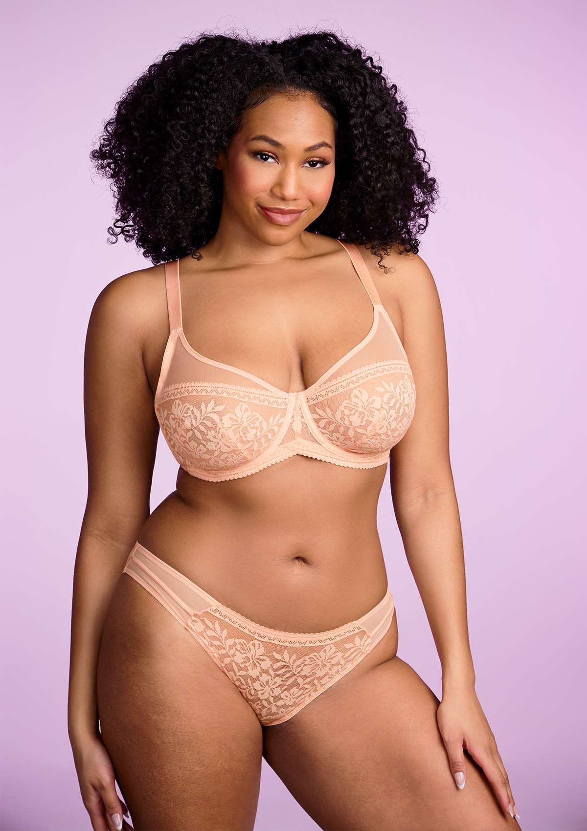 Gladioli Peach Lace Unlined Underwire Bra Set - HSIA