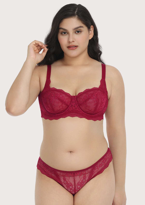 HSIA HSIA Floral Lace Unlined Bridal Burgundy Balconette Bra Set