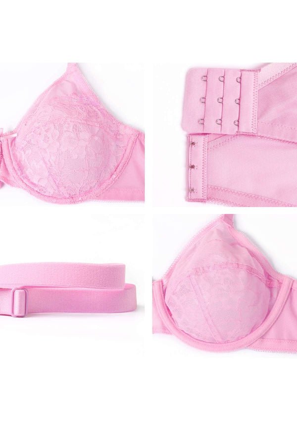 (Cardi B recommends)Enchante Pink Lace Unlined Underwire Bra Set - HSIA