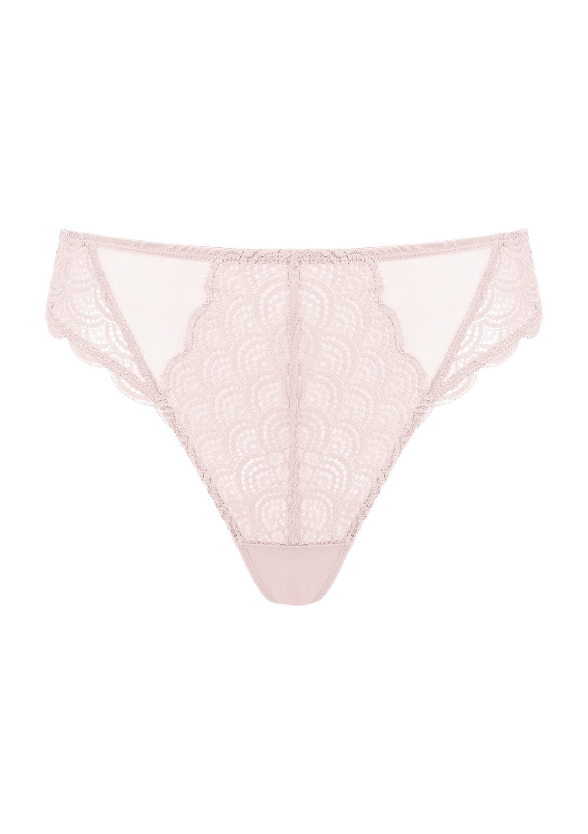 3D product image of the light pink mermaid scales lace thong underwear, crafted with soft lace designed to beautifully flatter the silhouette.