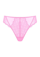 3D product shot of the medium pink mermaid scales lace thong for women, highlighting the breathable mesh back and 100% cotton gusset.