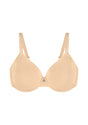 Studio shot of the Beige HSIA Mia full coverage bra, detailing the subtle metal charm, smooth 3D molded cups, and moisture-wicking Lycra fabric.