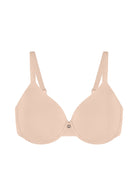 Studio flat lay of the Light Beige Mia lightly lined bra, emphasizing the breathable ventilated cup interiors and clean bandless design.