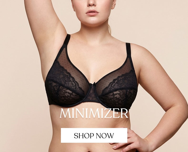 Model wearing HSIA minimizer bra designed to visually reduce bustline