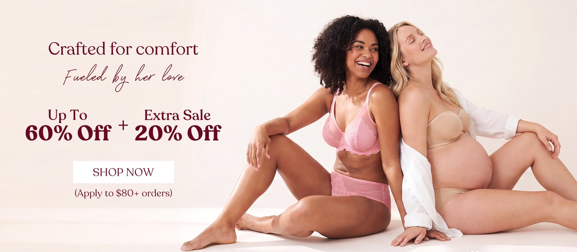 HSIA Mother's Day Sale banner: Crafted for comfort bras, up to 60% off plus an extra 20% off on orders over $80.