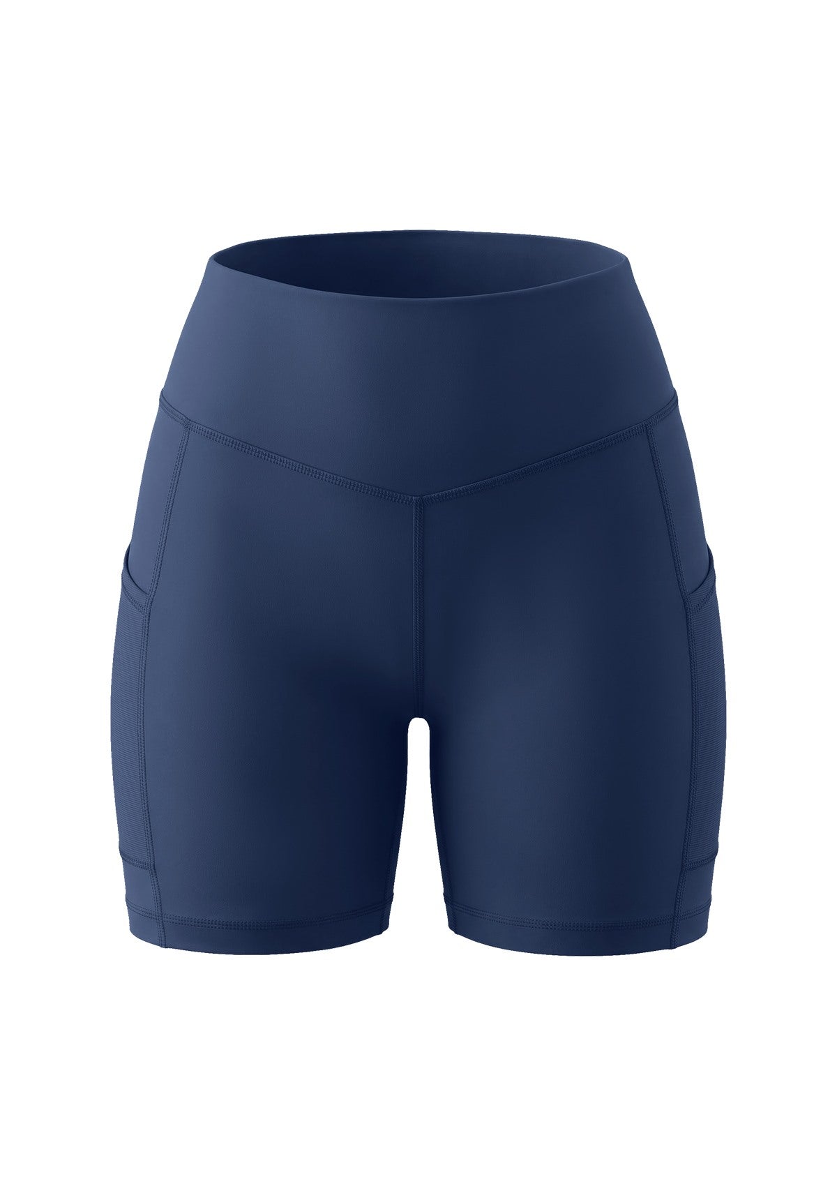 3D flat lay shot of the HSIA navy blue cooling cycling shorts, highlighting the stylish exterior mesh pockets and modern cut.