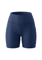 3D flat lay shot of the HSIA navy blue cooling cycling shorts, highlighting the stylish exterior mesh pockets and modern cut.