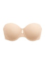 3D flat lay of the HSIA almond skin seamless strapless bra, showcasing the elegant center gore cutout and premium, high-shine satin finish.