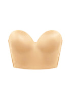 3D studio shot of the HSIA nude satin strapless corset bra, detailing the flexible stainless steel boning structure and detachable straps.