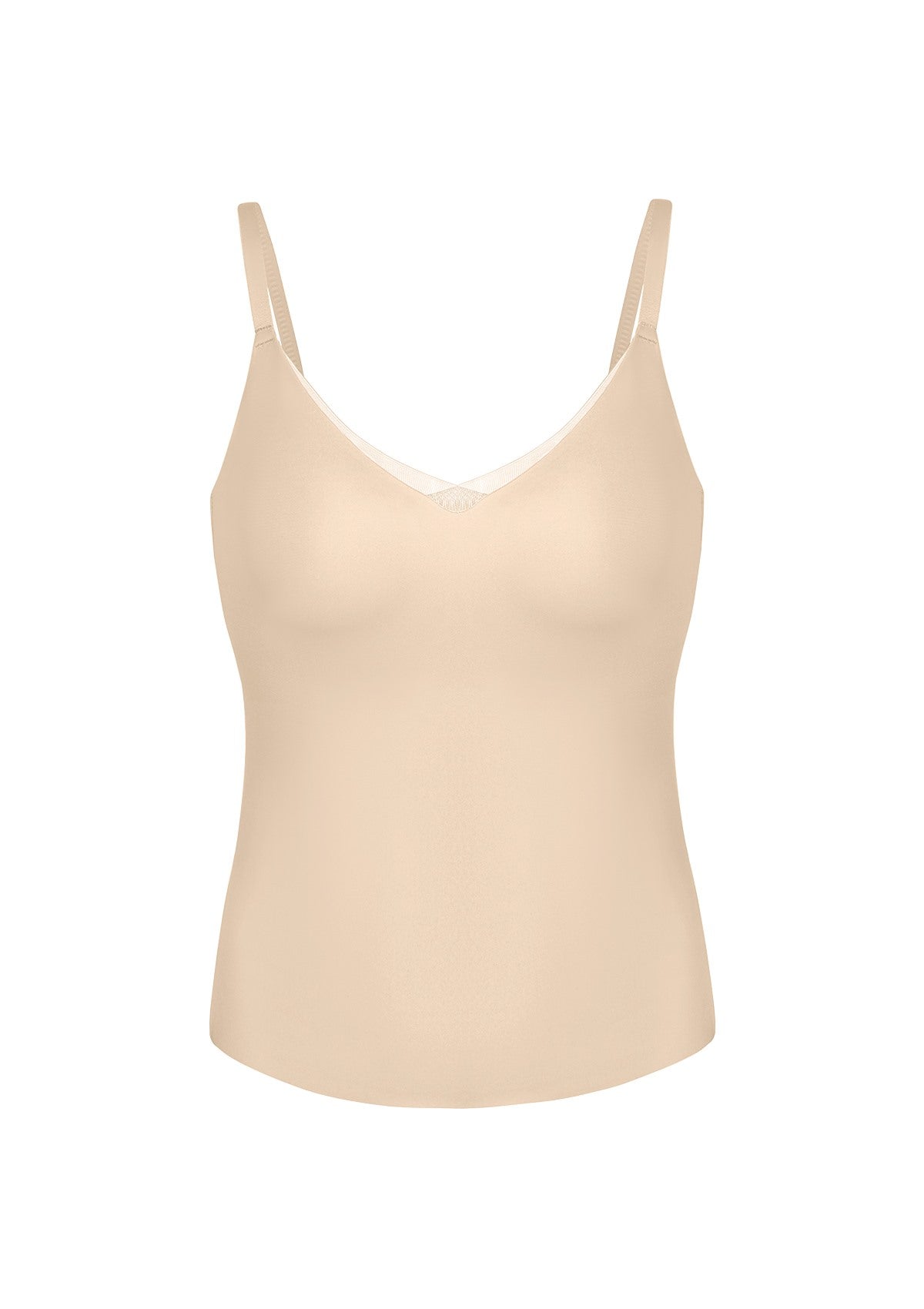 High-resolution 3D detail of the HSIA nude wire-free padded camisole, emphasizing the breathable bidirectional stretch fabric and seamless edges.