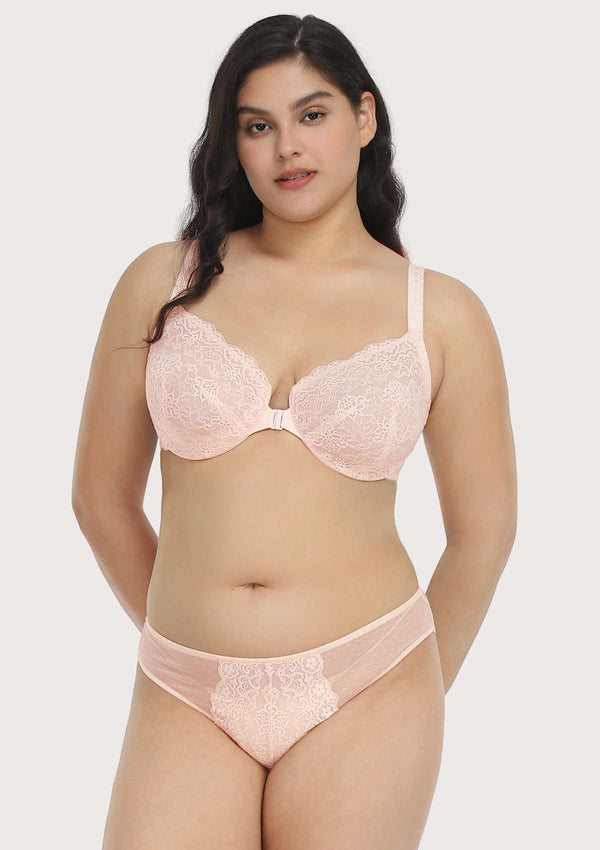 HSIA Nymphaea Front-Close  Dusty Peach Lace Unlined Underwire Bra Set