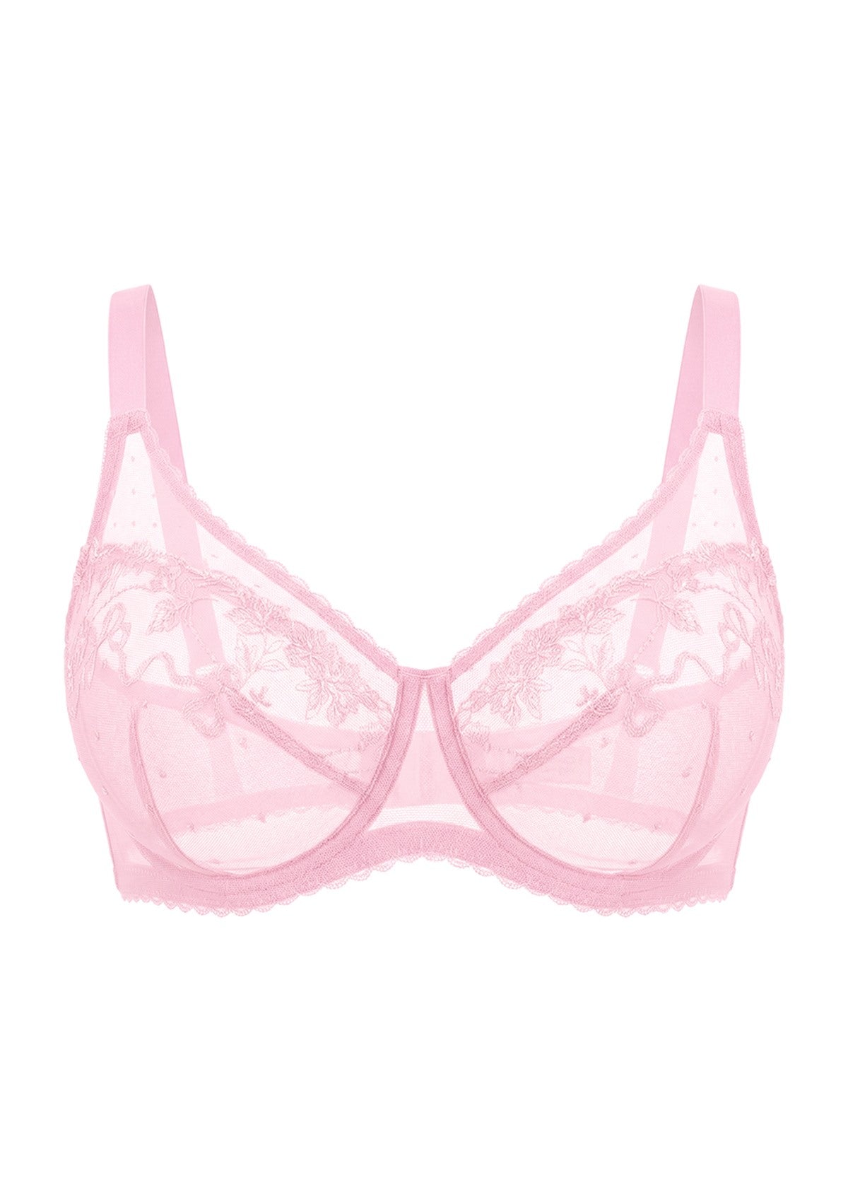 High-resolution 3D shot of the HSIA peach pink full cup bra, showcasing the intricate floral embroidery and full structured underband beneath the wire.