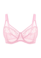 High-resolution 3D shot of the HSIA peach pink full cup bra, showcasing the intricate floral embroidery and full structured underband beneath the wire.