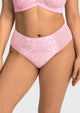 Front view of the romantic soft pink lace high waist panty on model, perfect for pairing with matching Petalia balconette bras.
