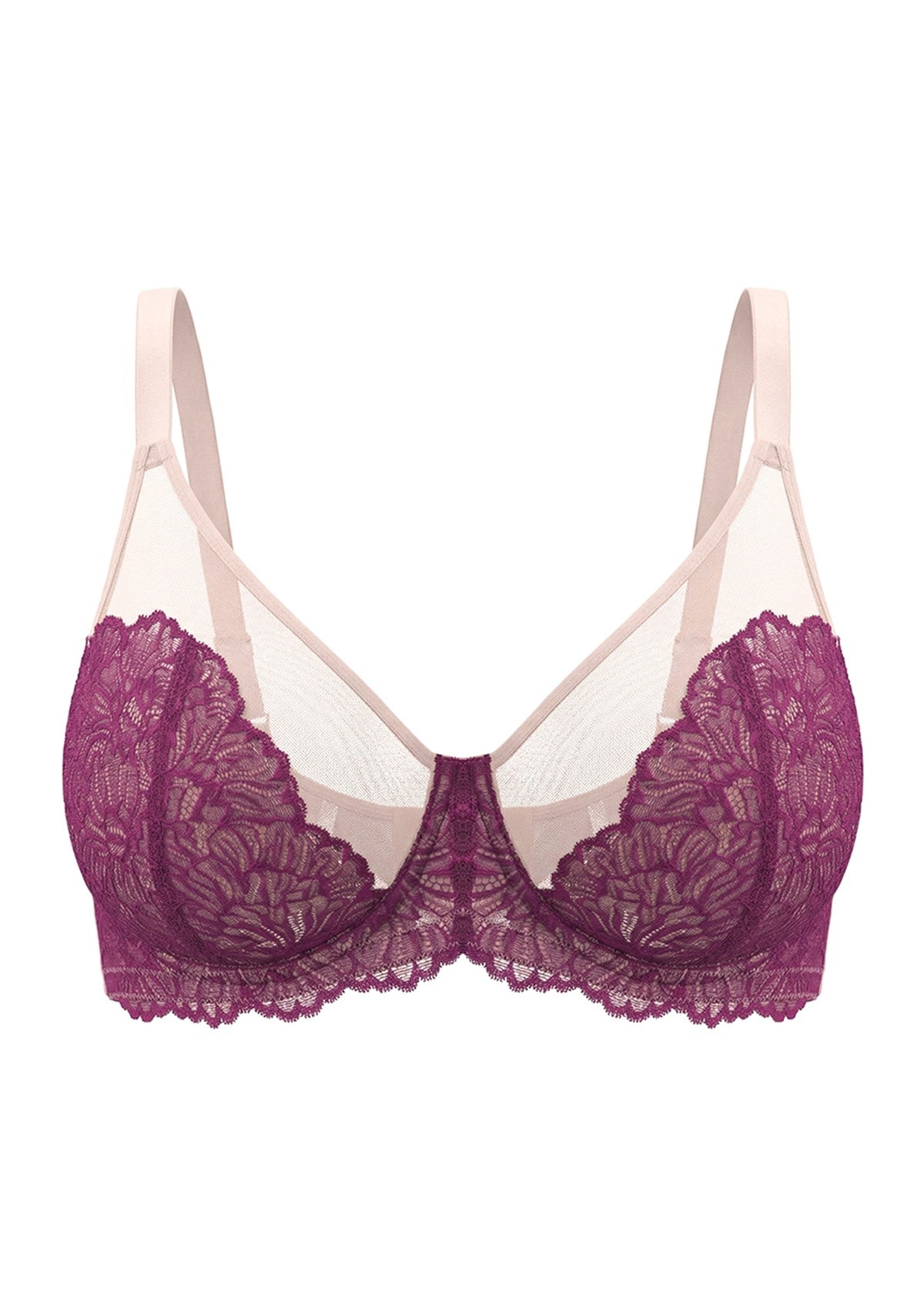 High-resolution 3D shot of the HSIA plum and soft pink sheer minimizer bra, emphasizing the delicate two-tone floral lace and the heavy-duty power mesh construction.