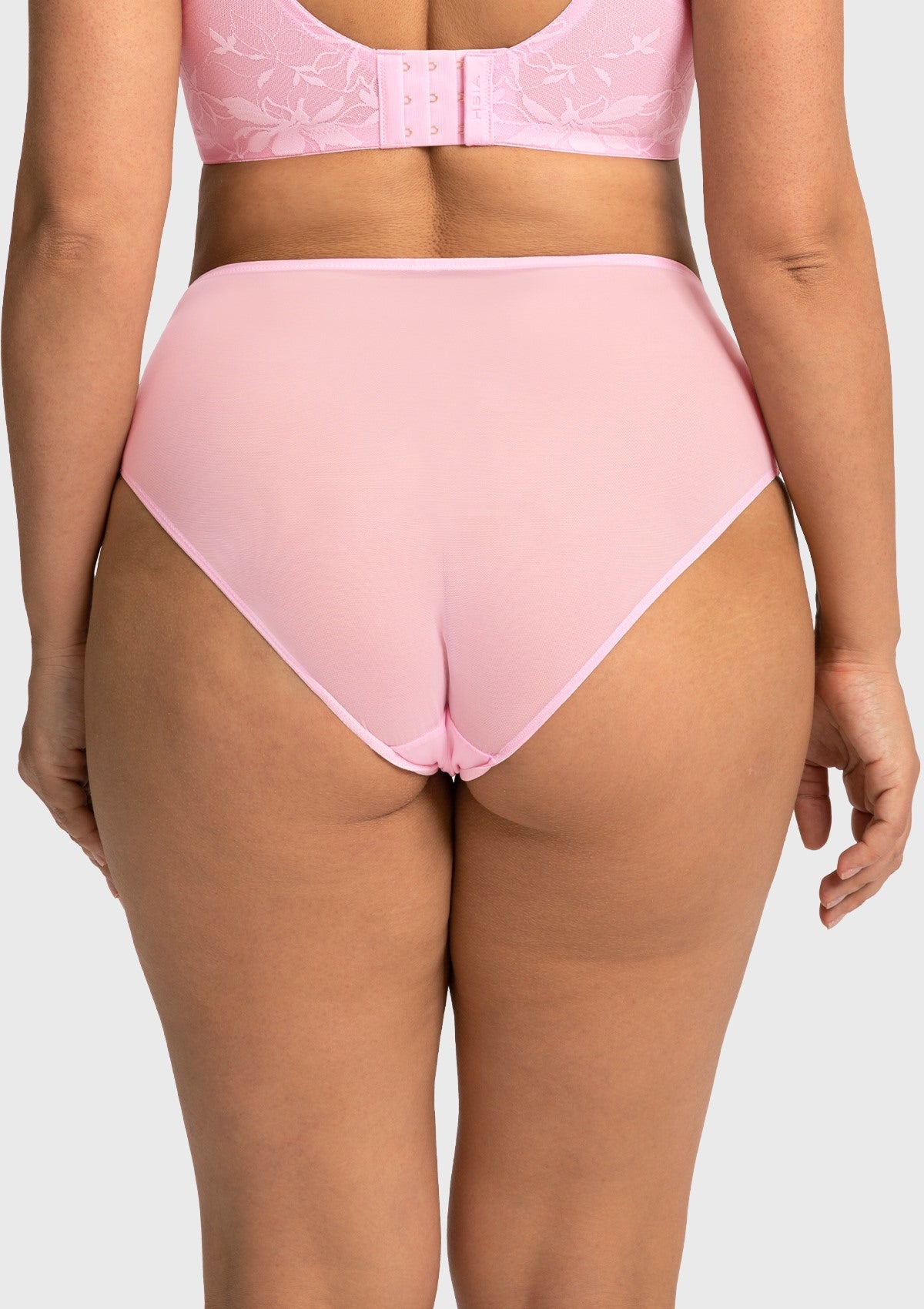 Back view of the soft pink full coverage panty, offering all-day comfort, perfect separation, and undeniable confidence.