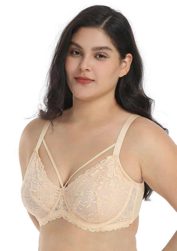 Pretty In Petals Beige Cream Unlined Strappy Lace Bra Set - HSIA