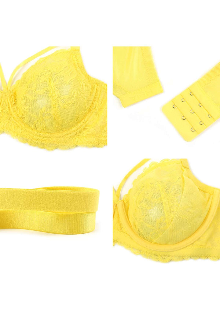 HSIA Pretty In Petals Bright Yellow Unlined Strappy Lace Bra Set
