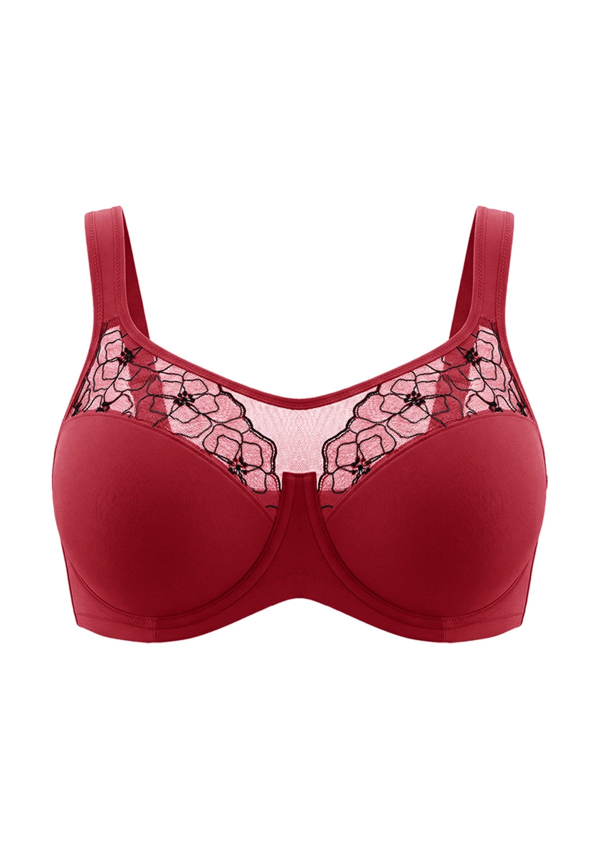  High-resolution 3D shot of the HSIA red lace full coverage bra, showcasing the exquisite floral embroidery and durable underwire structure.