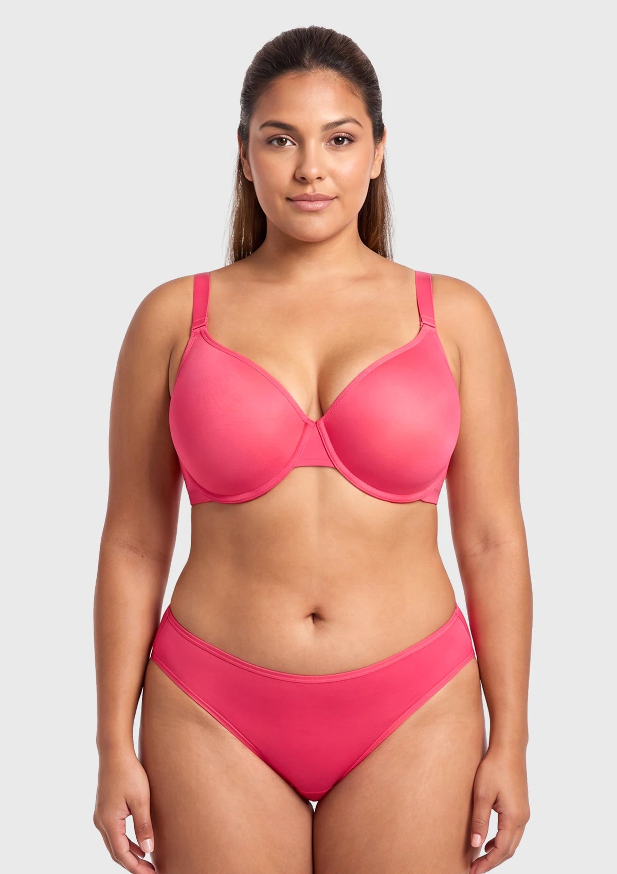 Front view of model wearing the HSIA Knockout Pink Seraphina unlined underwire bra, featuring ultra-breathable sheer mesh and a flattering demi-cut design for a natural silhouette.