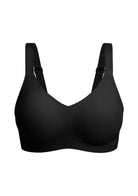 Studio flat lay of the HSIA black SoftTouch wireless bra on a white background, emphasizing the stay-in-place perforated semi-fixed pads with ultra-thin edges.