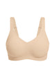 Front studio view of the Light Beige SoftTouch wireless bra, featuring the seamless construction and breathable materials that keep you cool and dry.