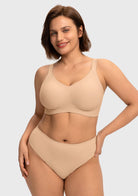 Confident model wearing the Light Beige full coverage wireless bra, featuring comfortable jelly support that naturally adapts to changing body shapes.