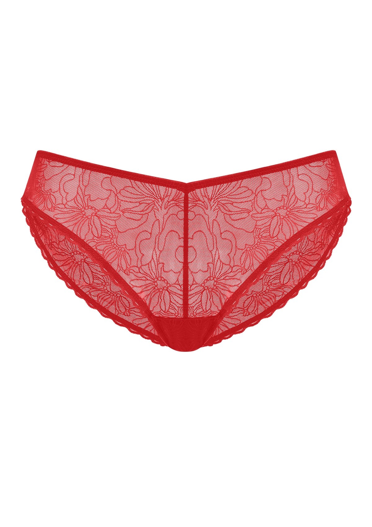 Flat lay of the Coral Red HSIA Stella sheer lace bikini panty on a white background, featuring exquisite floral details designed for a beautifully coordinated lingerie set.