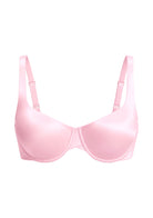 3D studio shot of the HSIA Victoria pink seamless bra, highlighting the chic criss-cross gore and luxurious stretch satin fabric.