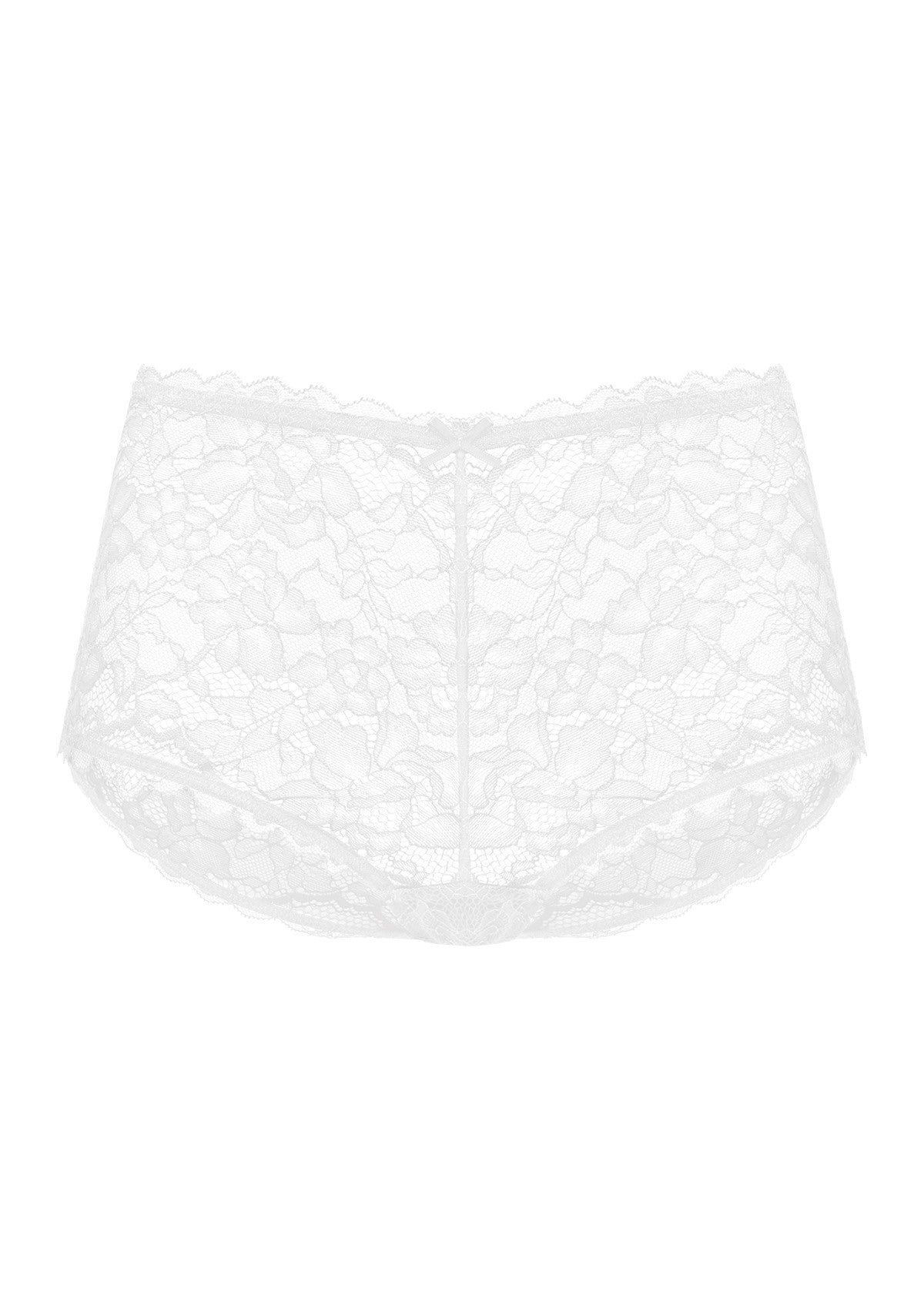 Detailed 3D view of the white women's lace boyshort panty, featuring a skin-friendly all-over lace design for secure everyday wear.