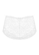 Detailed 3D view of the white women's lace boyshort panty, featuring a skin-friendly all-over lace design for secure everyday wear.