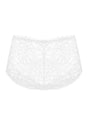 Detailed 3D view of the white women's lace boyshort panty, featuring a skin-friendly all-over lace design for secure everyday wear.