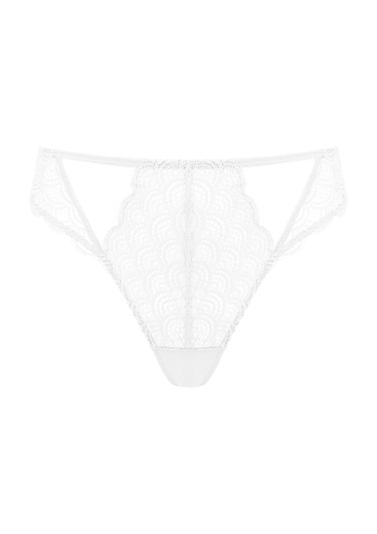 Detailed 3D view of the white women's lace thong panty, featuring a smooth seamless fit and a skin-friendly 100% cotton crotch.