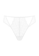 Detailed 3D view of the white women's lace thong panty, featuring a smooth seamless fit and a skin-friendly 100% cotton crotch.