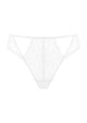 Detailed 3D view of the white women's lace thong panty, featuring a smooth seamless fit and a skin-friendly 100% cotton crotch.