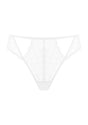 Detailed 3D view of the white women's lace thong panty, featuring a smooth seamless fit and a skin-friendly 100% cotton crotch.