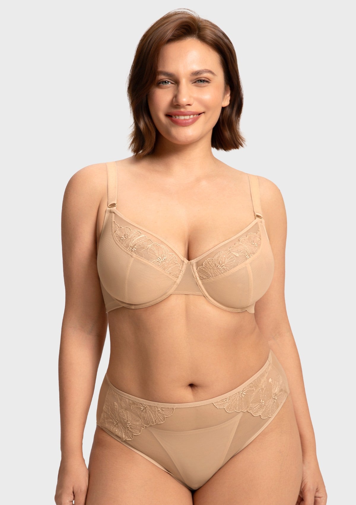 Front view of model wearing the Light Beige HSIA Yumi unlined bra, an everyday essential providing an alluring sheer look and full coverage support.