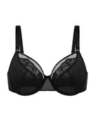 Front studio shot on a white background of the black Yumi embroidered bra, highlighting the sexy plunge V-neckline and shimmering floral details.