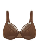 Front product view of the Coffee Brown Yumi unlined bra on a white background, highlighting the luxurious sheer mesh and heavy-duty unlined structure.
