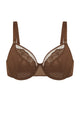 Front product view of the Coffee Brown Yumi unlined bra on a white background, highlighting the luxurious sheer mesh and heavy-duty unlined structure.