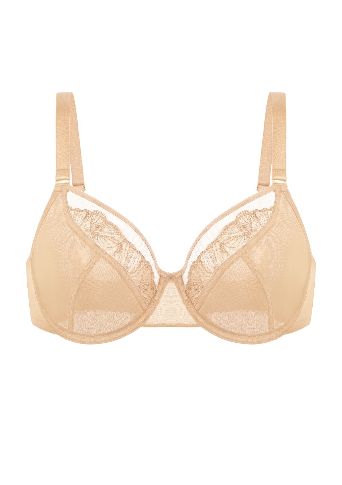 Studio front image of the Light Beige Yumi sheer mesh bra on a white background, focusing on the delicate embroidery and elegant unlined design.