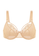 Studio front image of the Light Beige Yumi sheer mesh bra on a white background, focusing on the delicate embroidery and elegant unlined design.