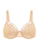 Studio front image of the Light Beige Yumi sheer mesh bra on a white background, focusing on the delicate embroidery and elegant unlined design.