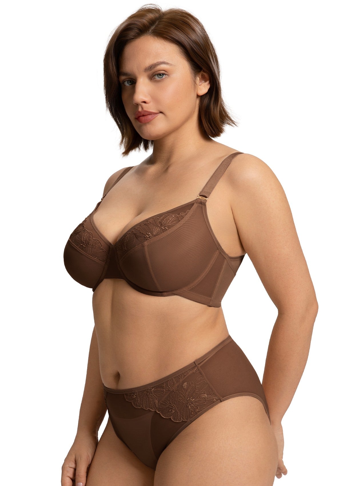 Side profile of the Coffee Brown sculpting bra on model, showcasing how the multi-layered inner mesh effectively lifts and centers heavy breast tissue.