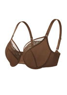 Studio side view of the Coffee Brown Yumi embroidered bra, featuring the naturally sculpted cup design and subtle lift for plus size figures.